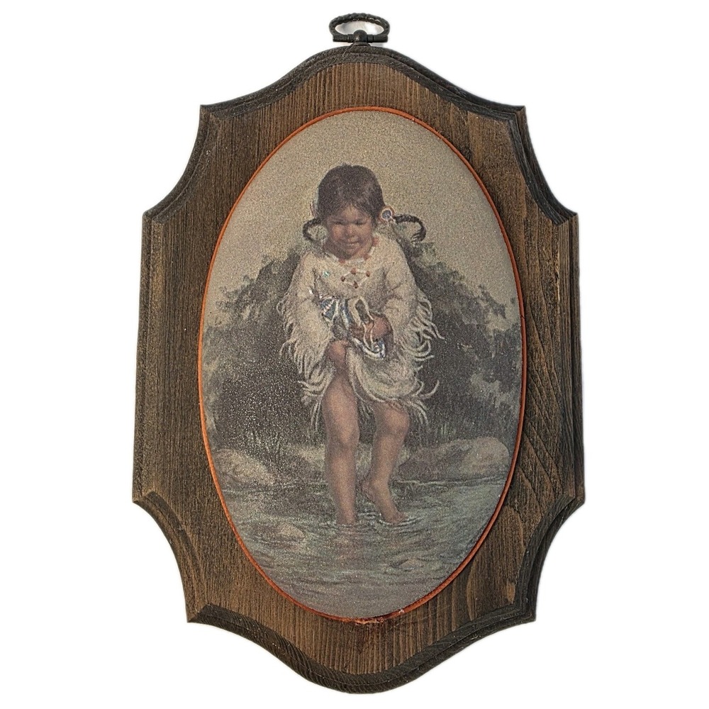 Vintage Beaded Sugar Glass Wall Art Plaque Native American Girl Vel Miller Print